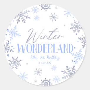 Sticker Rond Winter Wonderland Blue Snowflake fête d'anniversai