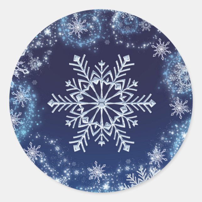 Sticker Rond Winter Wonderland Blue & White Snowflakes Favorise (Devant)