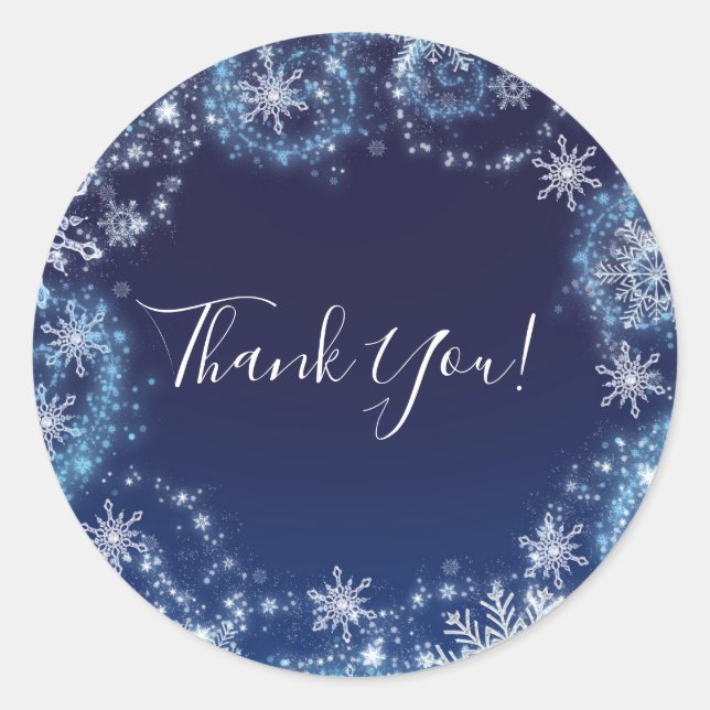 Sticker Rond Winter Wonderland Blue & White Snowflakes Favorise (Devant)