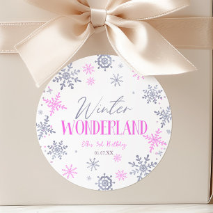 Sticker Rond Winter Wonderland Pink Snowflake fête d'anniversai