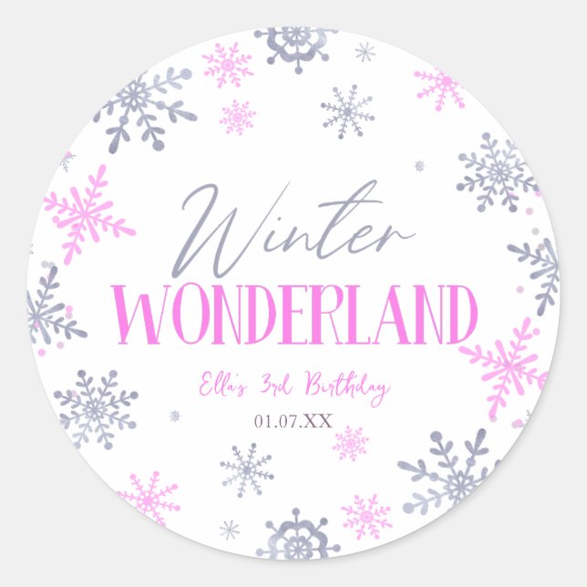 Sticker Rond Winter Wonderland Pink Snowflake fête d'anniversai (Devant)