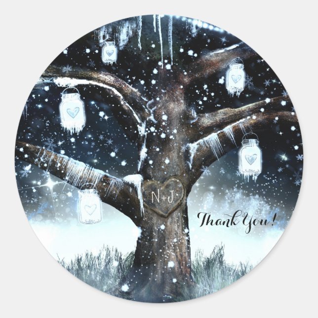 Sticker Rond Winter Wonderland Rustic Tree Lights Mason Jars (Devant)