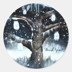 Sticker Rond Winter Wonderland Rustic Tree Lights Mason Jars