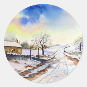Sticker Rond Wintery Lane Watercolor