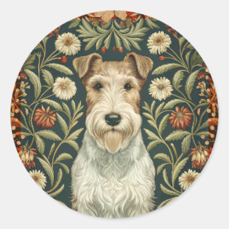 Sticker Rond Wire Fox Terrier in William Morris Floral Style