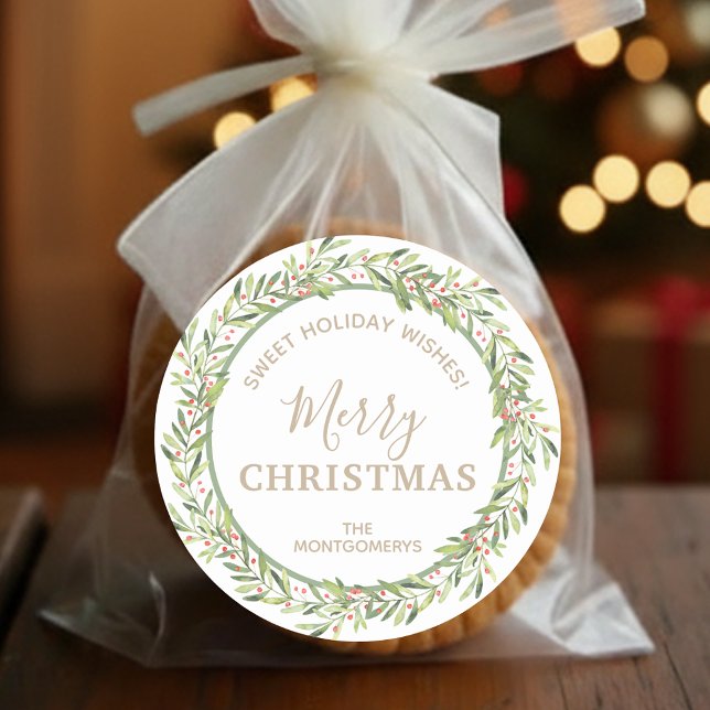 Sticker Rond Wire Noël Maison de vacances Baking (Greenery and berries wreath Merry Christmas homemade holiday baking white stickers)