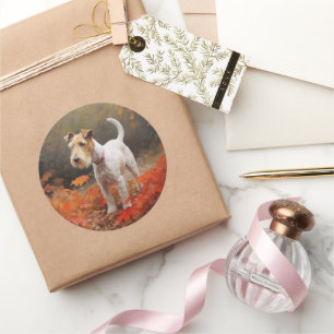 Sticker Rond Wirefox Terrier dans les feuilles d'automne qui to