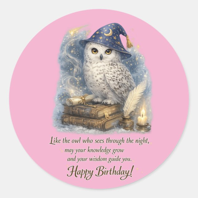 Sticker Rond Wisdom & Knowledge Snow Owl Happy Birthday (Devant)