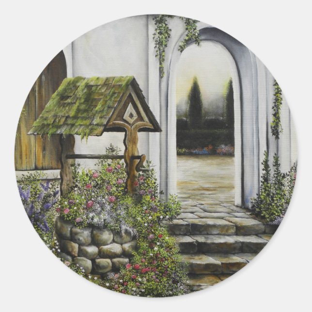 Sticker Rond Wishing well garden ~Peinture à l'huile (Devant)
