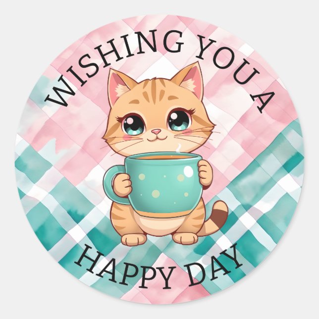 Sticker Rond Wishing You a Happy Day | Cute Cat (Devant)