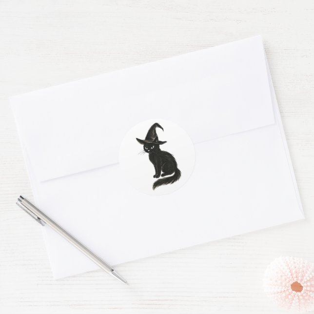Sticker Rond Witch’s Cat – Black Ink Halloween Illustration on  (Enveloppe)