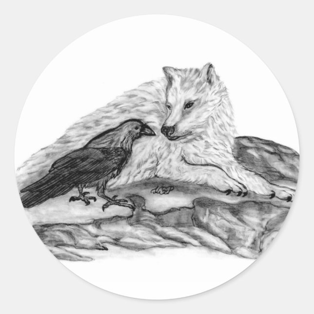 Sticker Rond Wolf and Raven black and white design (Devant)