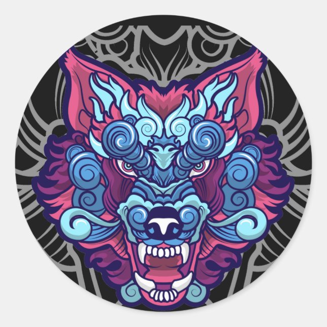 Sticker Rond Wolf Chinese Animaux Meilleur Cadeau (Devant)