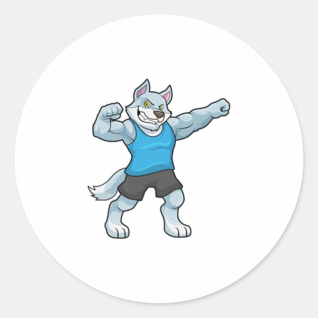Sticker Rond Wolf comme Bodybuilder avec les gros bras supérieu (Devant)