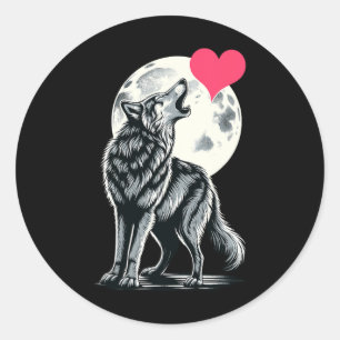 Sticker Rond Wolf Holding Heart Valentine's Day Cute Wolves Val