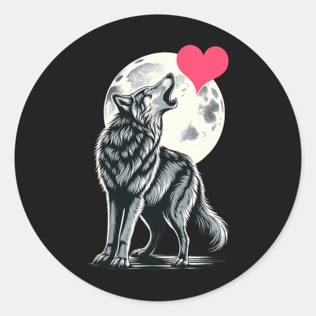 Sticker Rond Wolf Holding Heart Valentine's Day Cute Wolves Val (Devant)