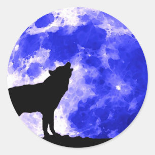 Sticker Rond Wolf Howling à la nuit bleue de la lune