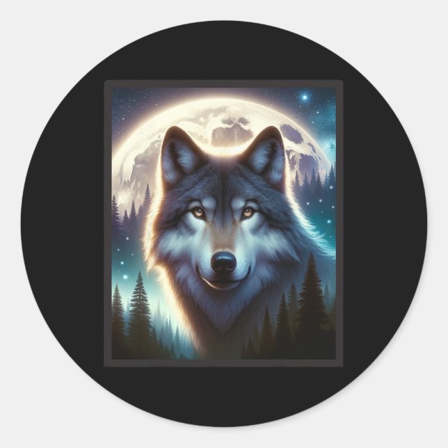 Sticker Rond Wolf Icy Moon Galaxy Chasse Gris Gris Loups Pour (Devant)