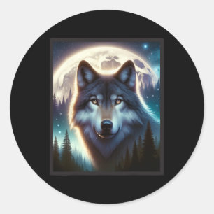 Sticker Rond Wolf Icy Moon Galaxy Chasse Gris Gris Loups Pour