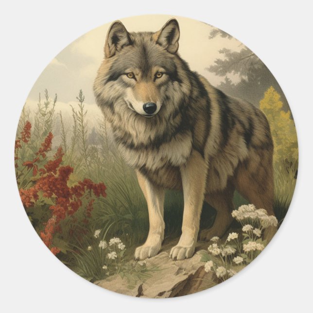 Sticker Rond Wolf In Meadow (Devant)