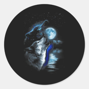 Sticker Rond Wolf Moon Lake Wolf Howling Pleine lune Wolf Graph