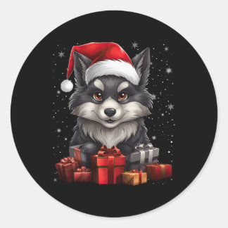 Sticker Rond Wolf Santa Claus Casquette Noël Neige Noël Noël No