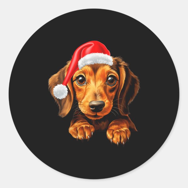 Sticker Rond Womens Dachshund Dog Santa Claus Hat Christmas New (Devant)