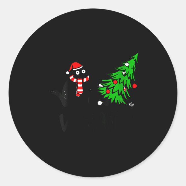 Sticker Rond Womens Funny Black Cat Gift Pushing Christmas Tree (Devant)