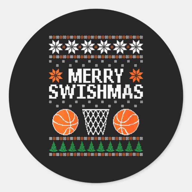 Sticker Rond Womens Funny Merry Swishmas Xmas Basketball Ugly C (Devant)