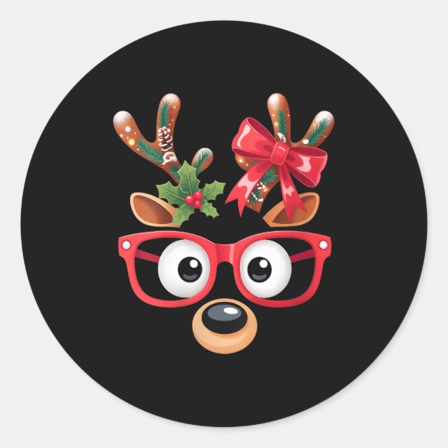 Sticker Rond Womens Matching Family Christmas Reindeer Face Gle (Devant)