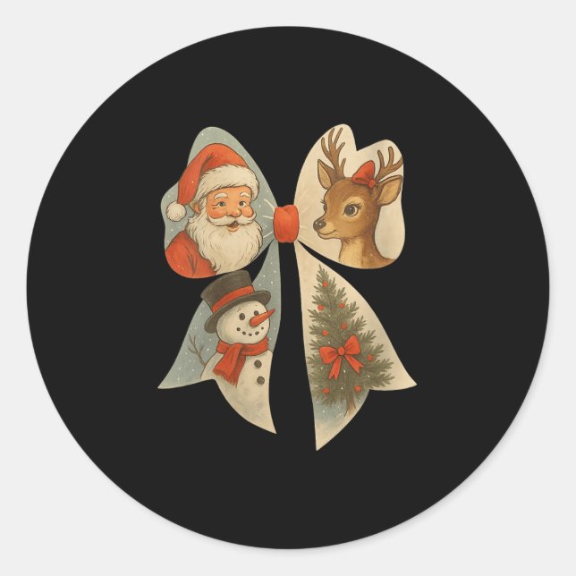 Sticker Rond Womens Preppy Christmas Coquette Bow Reindeer Snow (Devant)