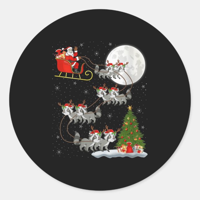 Sticker Rond Womens Raccoon Santa Sleigh Flying Funny Magical C (Devant)
