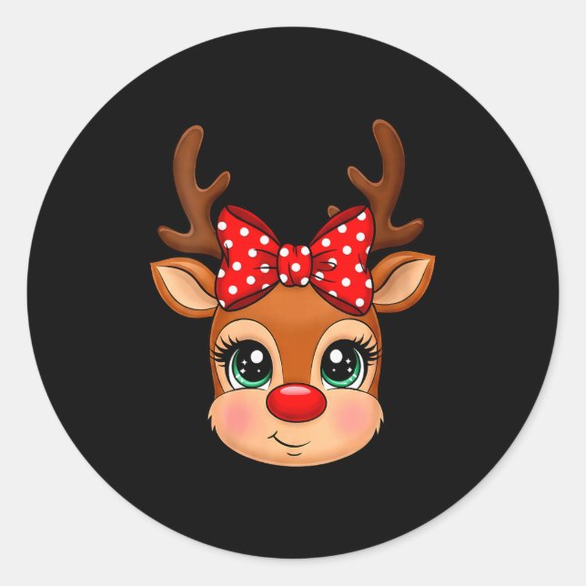 Sticker Rond Womens Reindeer Merry Christmas Girl Boy Kids V-ne (Devant)