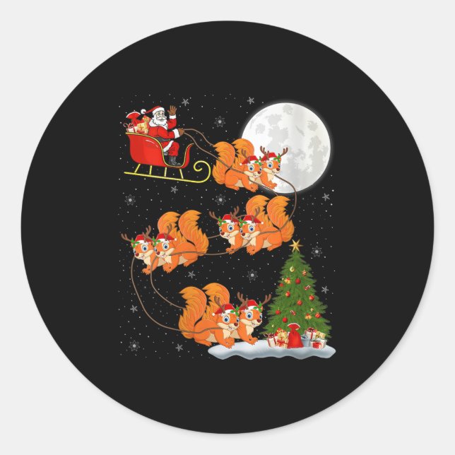 Sticker Rond Womens Squirrel Santa Sleigh Flying Funny Magical  (Devant)