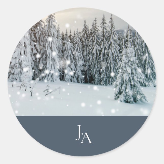 Sticker Rond Wonderland Woodland Mariage de script de neige (Devant)