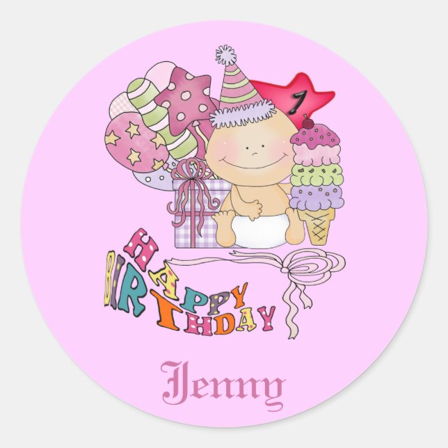 Sticker Rond Wonky Joyeux Anniversaire Fille 1 An (Devant)