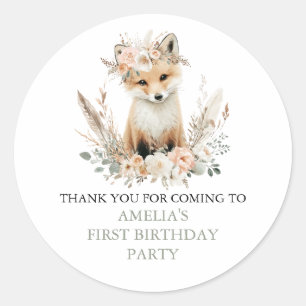 Sticker Rond Woodland Boho Fox Girl Birthday Personnalisé