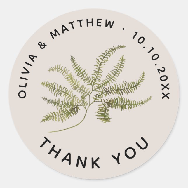 Sticker Rond Woodland Fern Wedding Thank You. Minimalist Forest (Devant)
