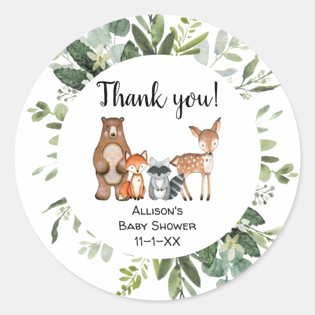 Sticker Rond Woodland forêt amis animaux faveur merci (Devant)