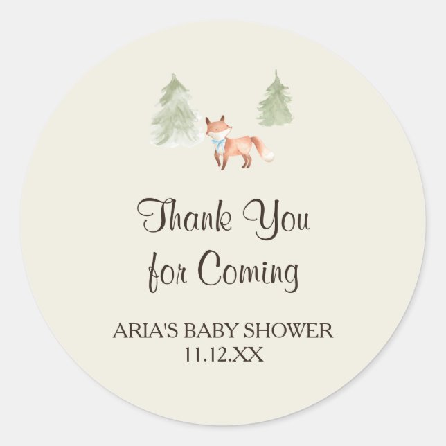 Sticker Rond Woodland Fox Boy Baby shower Favoriser (Devant)