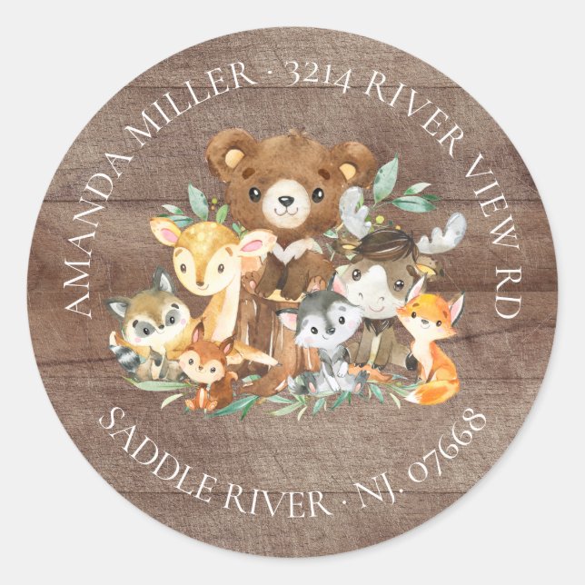 Sticker Rond Woodland Friends Baby shower Adresse de retour Lab (Devant)