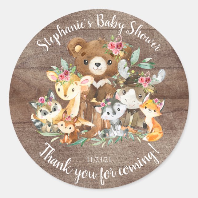 Sticker Rond Woodland Friends Baby shower Favoriser (Devant)