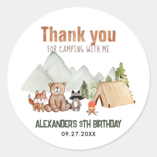 Sticker Rond Woodland Happy Camper Camping Anniversaire Merci (Devant)
