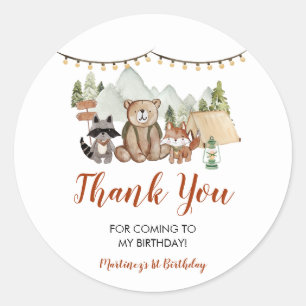 Sticker Rond Woodland One Happy Camper First Birthday Merci