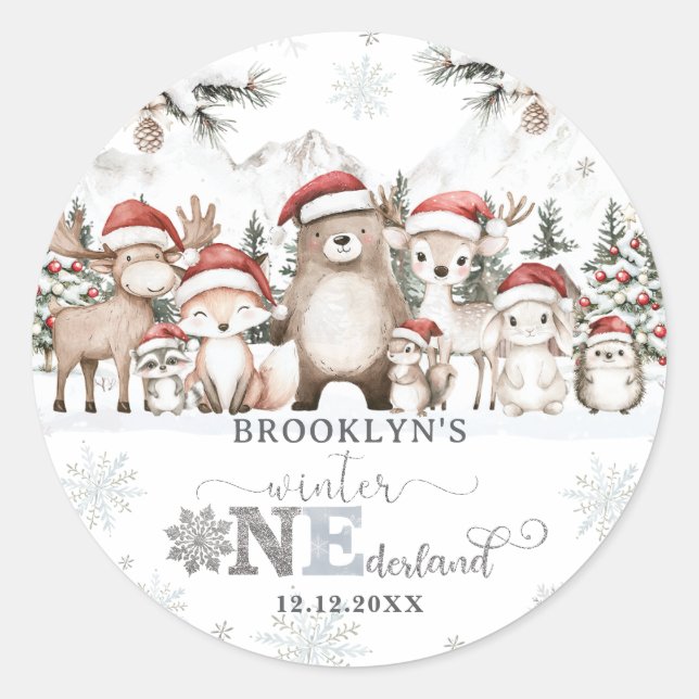 Sticker Rond Woodland Winter ONE derland Noël 1er anniversaire (Devant)