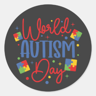Sticker Rond World Autism Awareness Day Colorful Puzzle Piece