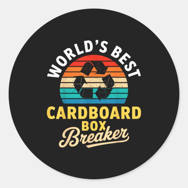 Sticker Rond World’s Cardboard Box Breaker Funny Recycling Hero (Devant)