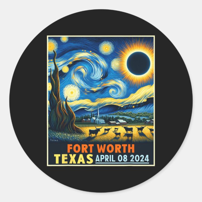 Sticker Rond Worth Texas Total Solar Eclipse 2024 Starry Night (Devant)