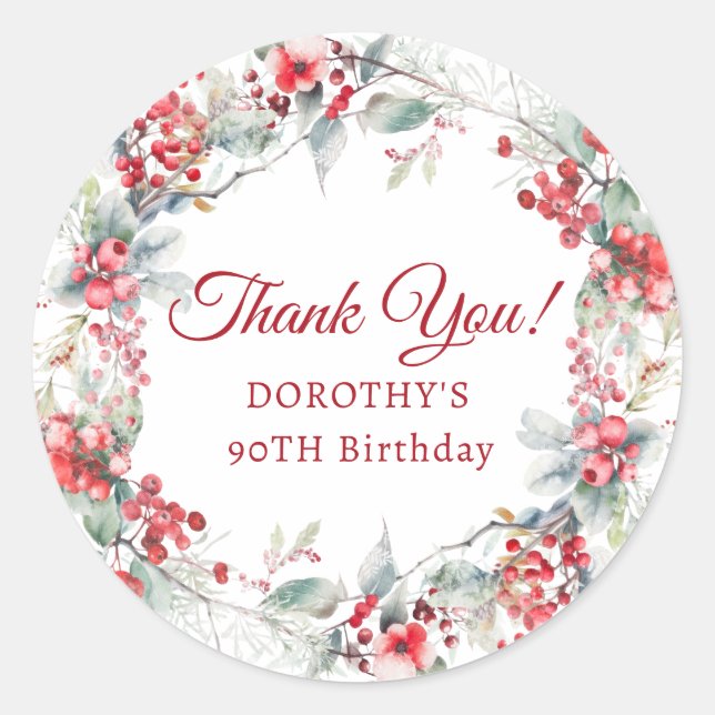 Sticker Rond Wreath Berry d'hiver 90e Merci d'anniversaire (Devant)