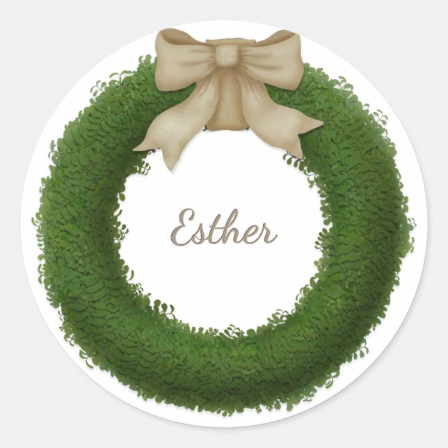 Sticker Rond Wreath Boxwood avec Bow Nom ou salut personnalisé (Devant)